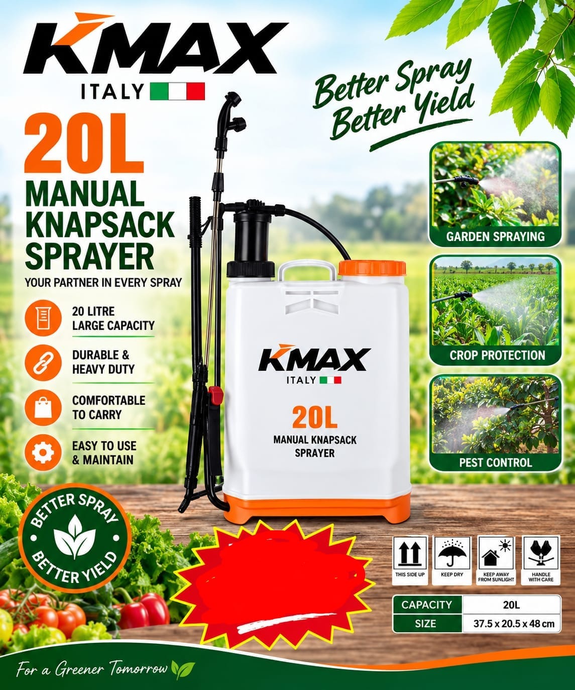 KMAX Made in Italy 20L Manual Knapsack Sprayer – Durable Backpack Garden & Farm Sprayer for Efficient Crop Care