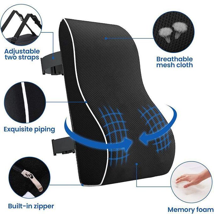 Lumbar Support Pillow for Office Chair and Car - Back Pain Relief Cushion with Memory Foam, Breathable 3D Mesh Cover, Double Adjustable Straps - Ergonomic Back Support for Gaming Chair, Desk