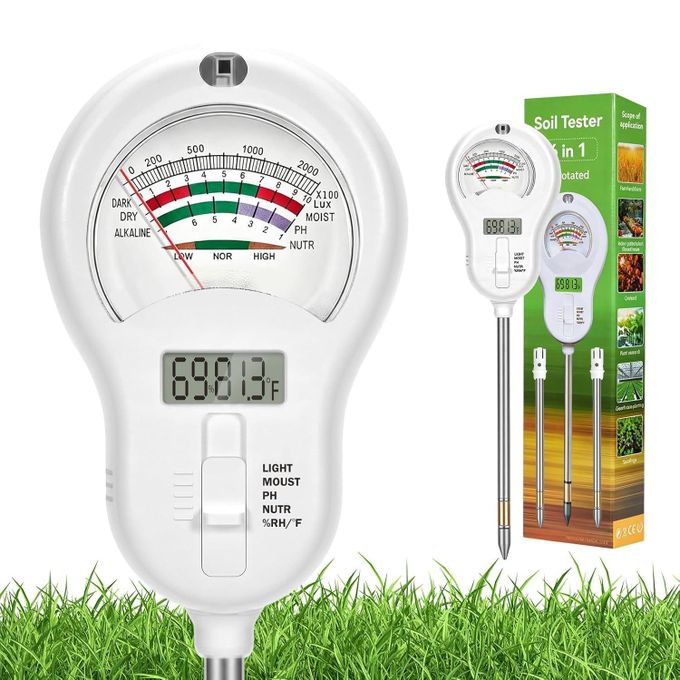 6-in-one Soil Test Kit-Soil Moisture Meter/PH Meter/Fertility/Sunlight Intensity Soil Tester, LCD Air Hygrometer&Temperature Moisture Meter for Plants-Garden, Lawn,Farm,2 Pack Detachable Probe