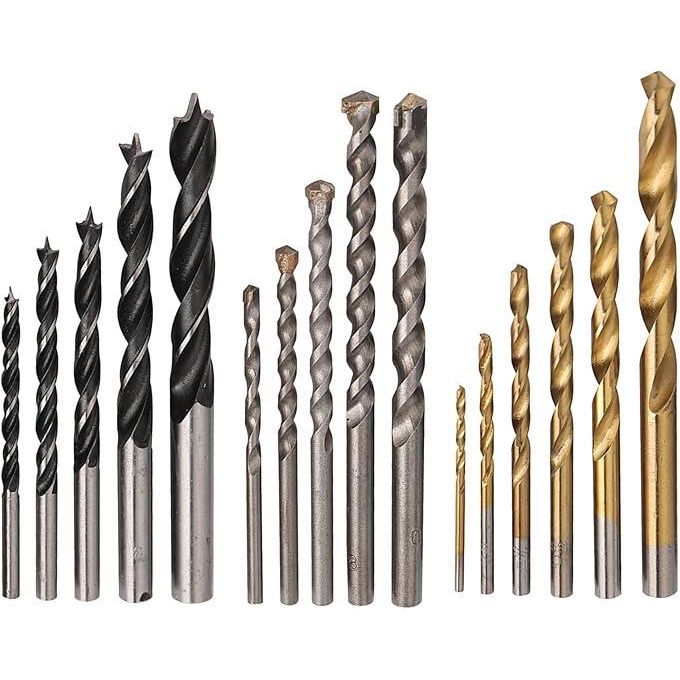 16Pcs Drill Bits Set, With HSS and HCS Bits, Heat Resistance, 135 Degree Spilt Point, For Hardened Metal, Concrete, Stone and Wood