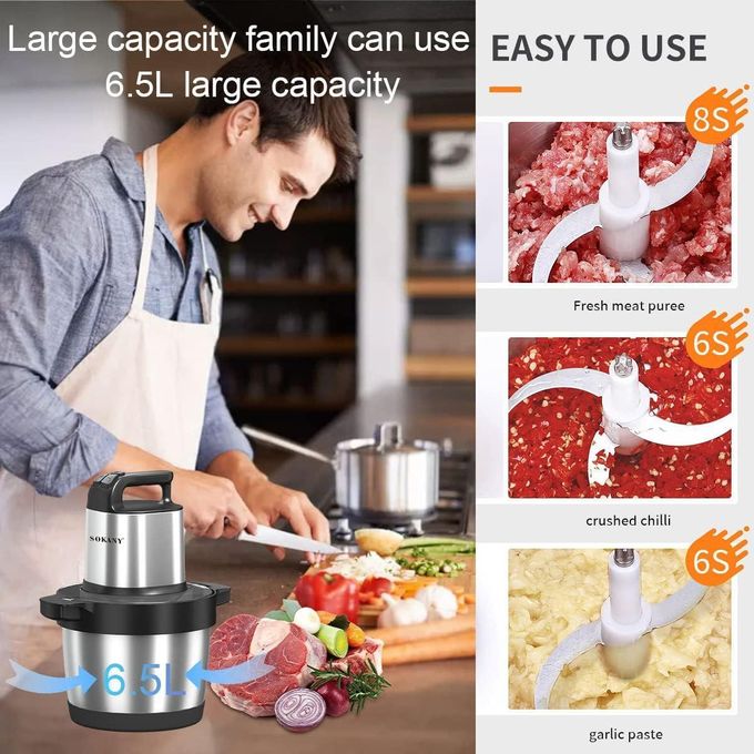 Sokany Heavy duty 1500W Electric Food Processor Chopper stainless steel,6.5LHousehold Meat Grinder,3 Speed Adjustable,Fast Cut for Meat, Onions, Vegetables, Fruit Meat Grinder