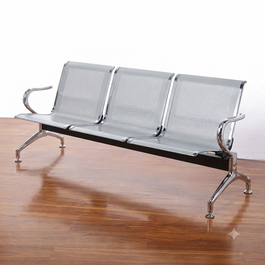 3-Seater Link Chair Waiting Bench – Heavy Duty Unpadded Reception Bench with Steel Frame for Office & Commercial Use