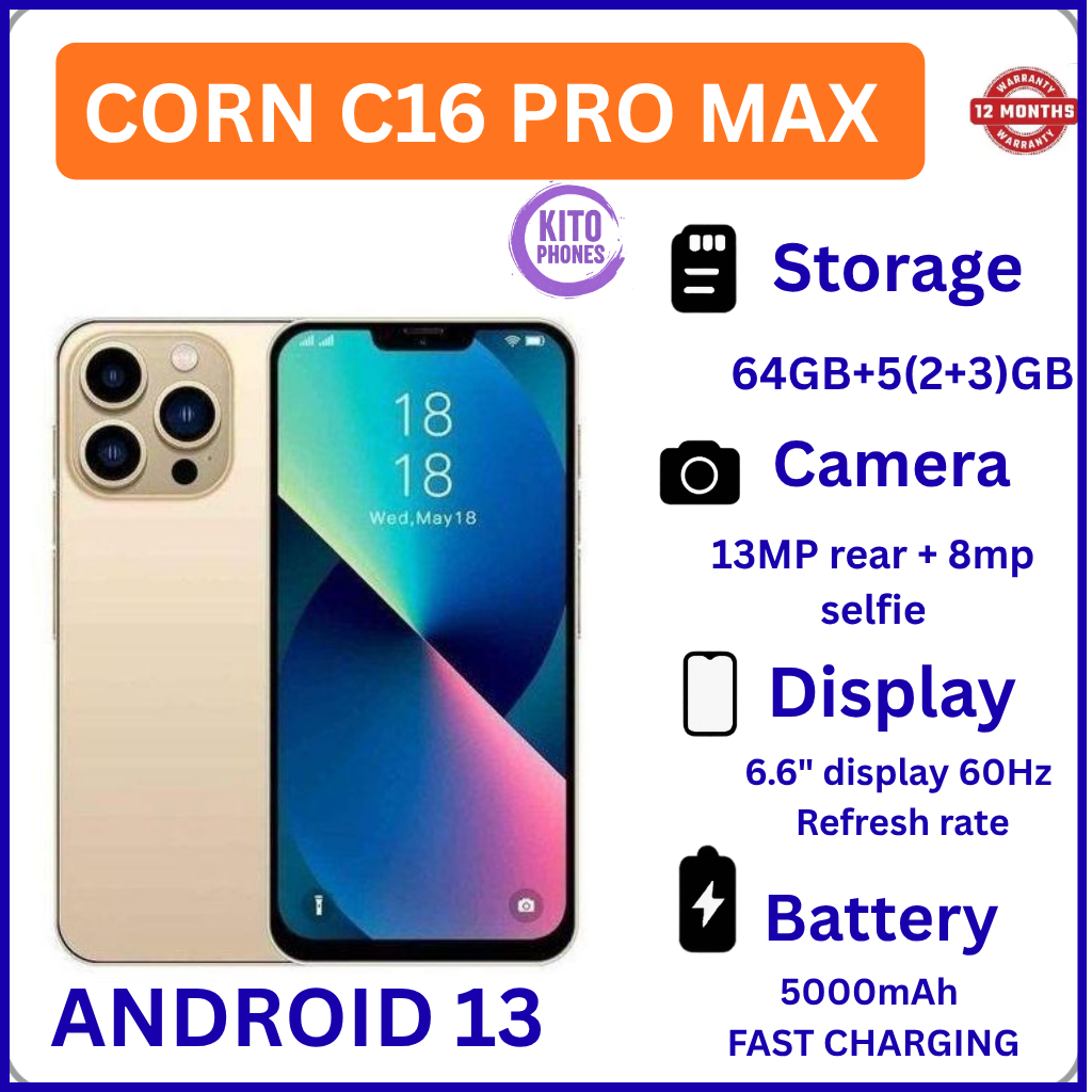 Corn C16 Pro Max 64GB Storage +5(2+3Extended ) RamUnlocked Cell Phone, Android 6.6"HD +WATERDROP SCREEN 13MP Main Camera,8mp Front camera 5000mAh Dual SIM, Face ID, GPS, OTG SMARTPHONE