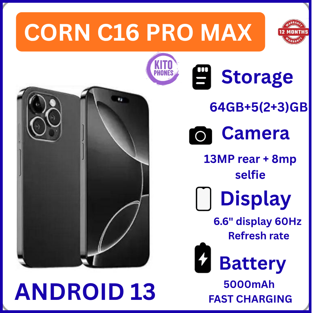 Corn C16 Pro Max 64GB Storage +5(2+3Extended ) RamUnlocked Cell Phone, Android 6.6"HD +WATERDROP SCREEN 13MP Main Camera,8mp Front camera 5000mAh Dual SIM, Face ID, GPS, OTG SMARTPHONE