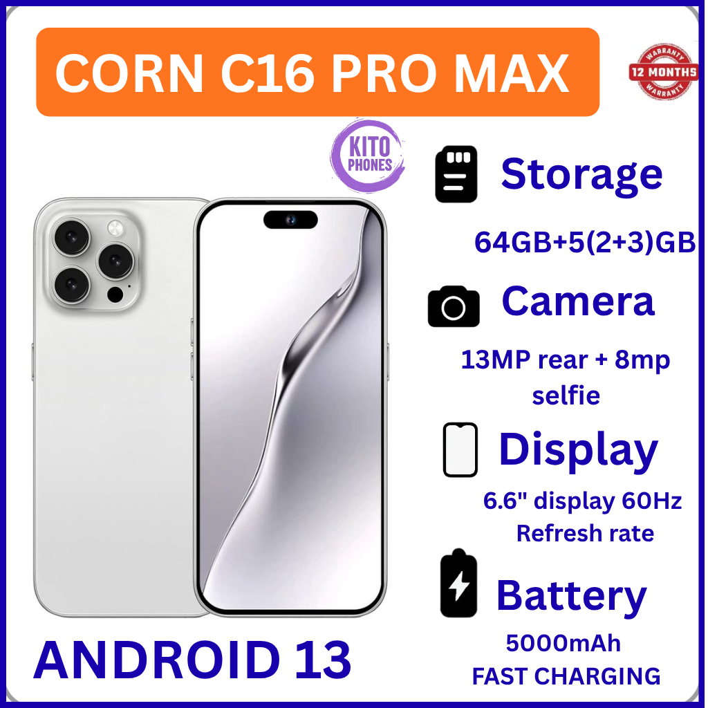 Corn C16 Pro Max 64GB Storage +5(2+3Extended ) RamUnlocked Cell Phone, Android 6.6"HD +WATERDROP SCREEN 13MP Main Camera,8mp Front camera 5000mAh Dual SIM, Face ID, GPS, OTG SMARTPHONE