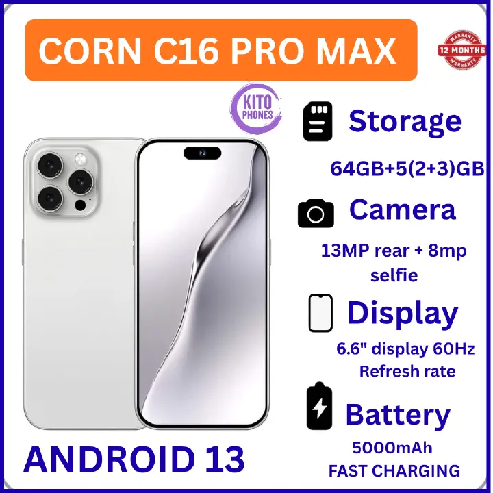 Corn C16 Pro Max 64GB Storage +5(2+3Extended ) RamUnlocked Cell Phone, Android 6.6"HD +WATERDROP SCREEN 13MP Main Camera,8mp Front camera 5000mAh Dual SIM, Face ID, GPS, OTG SMARTPHONE