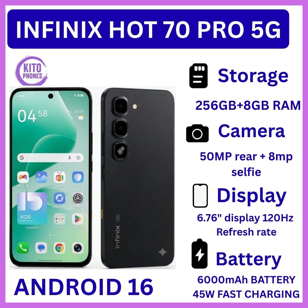 [Special Offer🔥🔥] INFINIX Hot 70 PRO 5G 256GB ROM + 8GB RAM, 6.76 inches, 120Hz Display, 50 MP Main Camera +8MP SELFIE 6000mAh Type C 45W Fast Charging ANDROID 16 SMARTPHONES+FREE GIFTS JUST FOR YOU