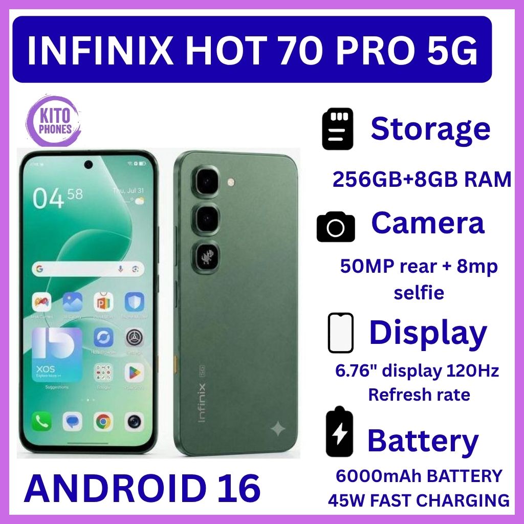 [Special Offer🔥🔥] INFINIX Hot 70 PRO 5G 256GB ROM + 8GB RAM, 6.76 inches, 120Hz Display, 50 MP Main Camera +8MP SELFIE 6000mAh Type C 45W Fast Charging ANDROID 16 SMARTPHONES+FREE GIFTS JUST FOR YOU
