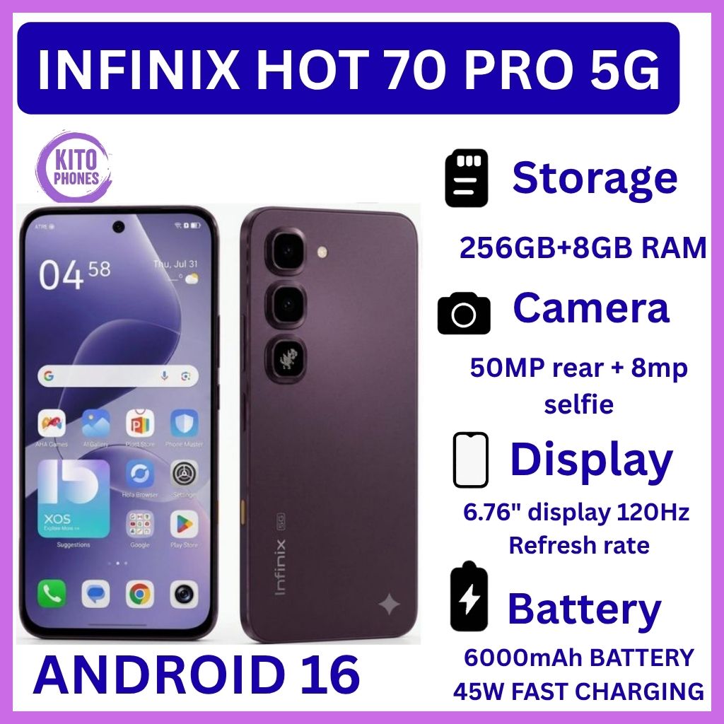 [Special Offer🔥🔥] INFINIX Hot 70 PRO 5G 256GB ROM + 8GB RAM, 6.76 inches, 120Hz Display, 50 MP Main Camera +8MP SELFIE 6000mAh Type C 45W Fast Charging ANDROID 16 SMARTPHONES+FREE GIFTS JUST FOR YOU