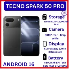 [BRAND NEW] Tecno Spark 50 Pro,6.78-inch'50MP f/1.8 PDAF + 8MP f/2.0 selfie 4GB RAM +128GB ROM,Battery: 5600mAh'OS: Android 16, HiOS 16'MediaTek Helio G100+12 MONTHS FREE WARRANTY PHONE