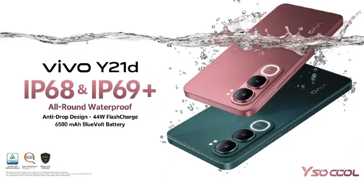 Vivo Y21d 6.68" screen display 256GB RAM + 8GB ROM 50MP MAIN CAMERA 6500mAh battery capacity IP69+ Waterproof, 45W FlashCharge, 90Hz refresh rate ANDROID 15 PHONE SMARTPHONE+FREE GIFTS FOR YOU