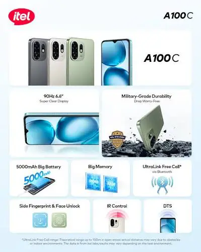 Itel A100C 4G, 6.6", 8GB (4+4GB*) RAM + 64 GB (Dual SIM), 5000mAh, Stylish Android Mobile Phone with Reliable Performance and Long-Lasting Battery