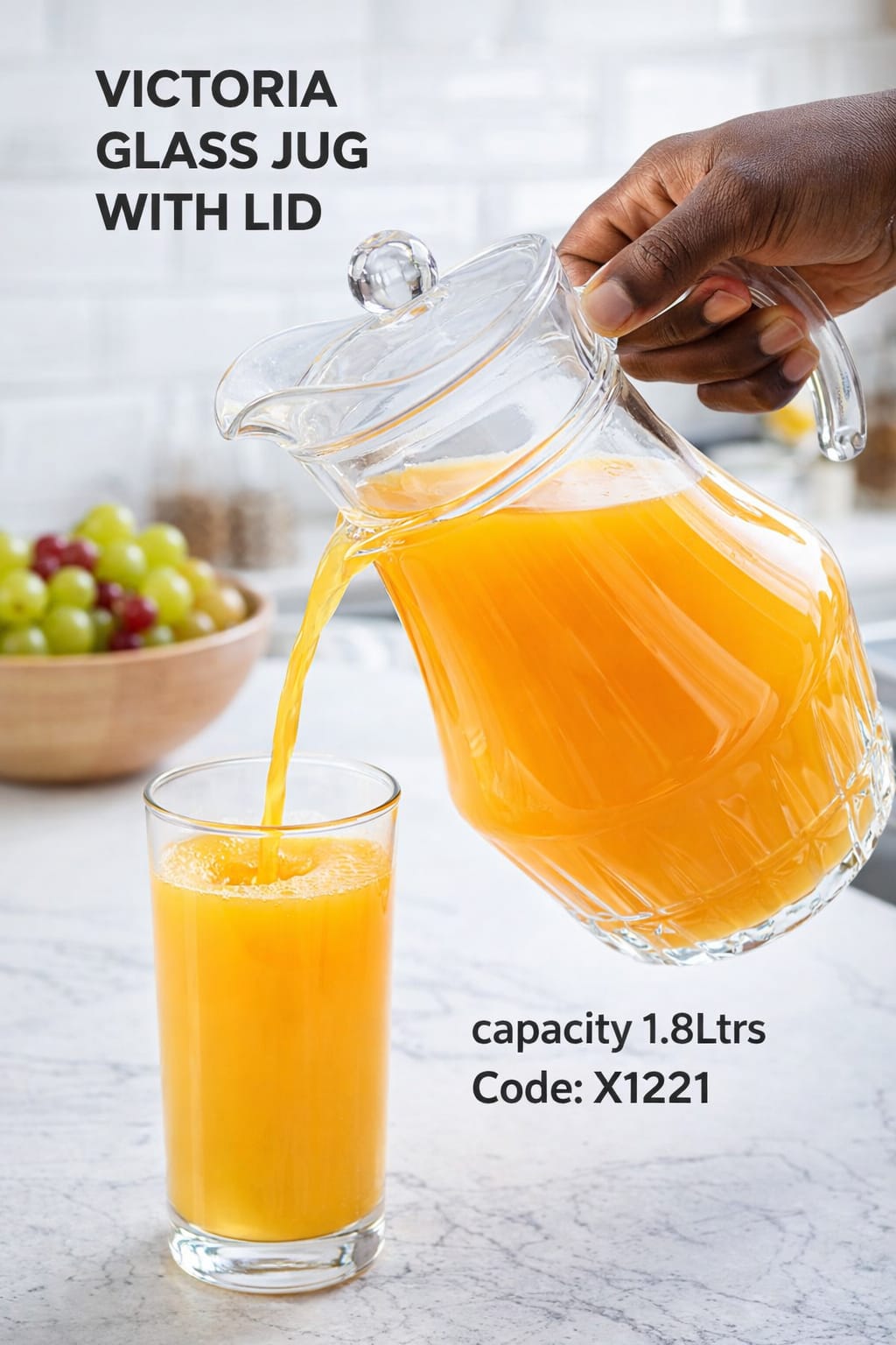 7Pcs HIGH QUALITY vICTORIA KITCHE WATER/jUICE gLASS JUG WITH LID AND CAPACITY OF 1.8 LITRES...PERFECT FOR SERVING JUICE,WATER,MILK OR SOFT DRINKS.designed for elegance, durability, and everyday.