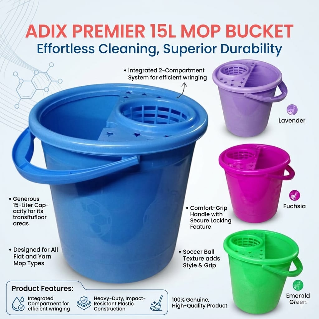 Heavy plastic Adix Premier Home cleaning mop Bucket with the capacity of 15 litres ....very strong and durable,Made from high-quality heavy-duty plastic material, this mop bucket is very strong.