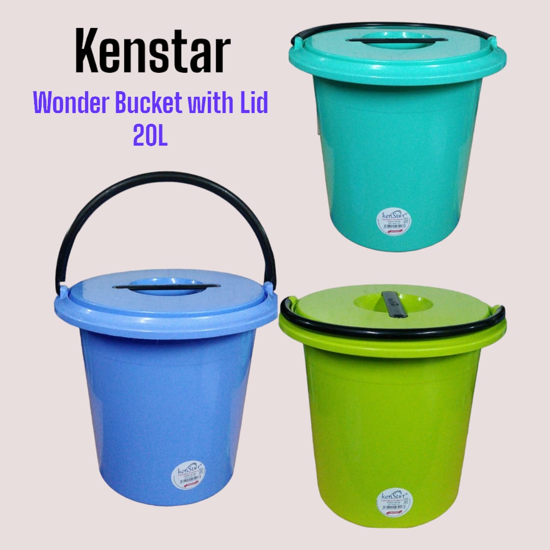 3pcs hard plastic Kenstar home wonder buckets  with lid an capacity of 20 litres...Durable and long lasting,comes with a secure lid,multipurpose and easy to carry and a reliable bucket for every hoe.