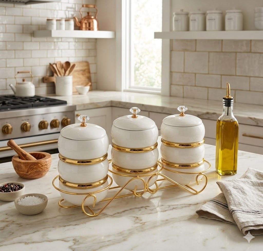 3Pcs Ceramic Canister Set with Stand Kitchen Storage Jars Tea Coffee Sugar Containers Airtight Organizer Set