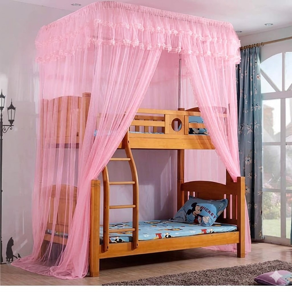 Top Square Double Decker Mosquito Net – Free Size Bed Net | Strong Durable Sleeping Net, White, Cream, Pink & Purple