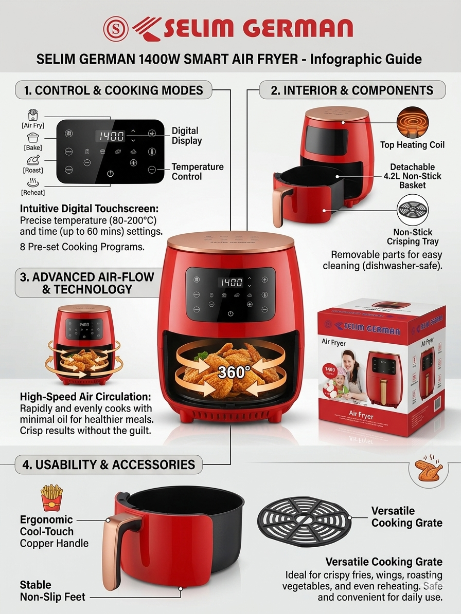 Selim German 1400W Digital Air Fryer – Oil-Free Healthy Cooker, LED Touch Screen, Fast Hot Air Fryer Oven.