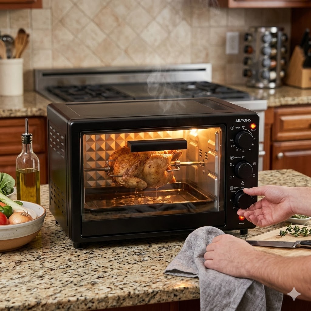 AILYONS 20L Electric Oven with Rotisserie – Compact Baking Oven, Grill, Bake & Roast Mini Countertop Oven for Home Use