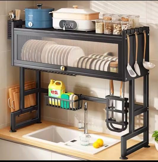 1-Layer Over The Sink Dish Rack with Glass Acrylic Cover – 65cm Kitchen Organizer, Strong 1-layer metal frame for stable dish storage, Clear glass acrylic cover for dust-free and hygienic storage