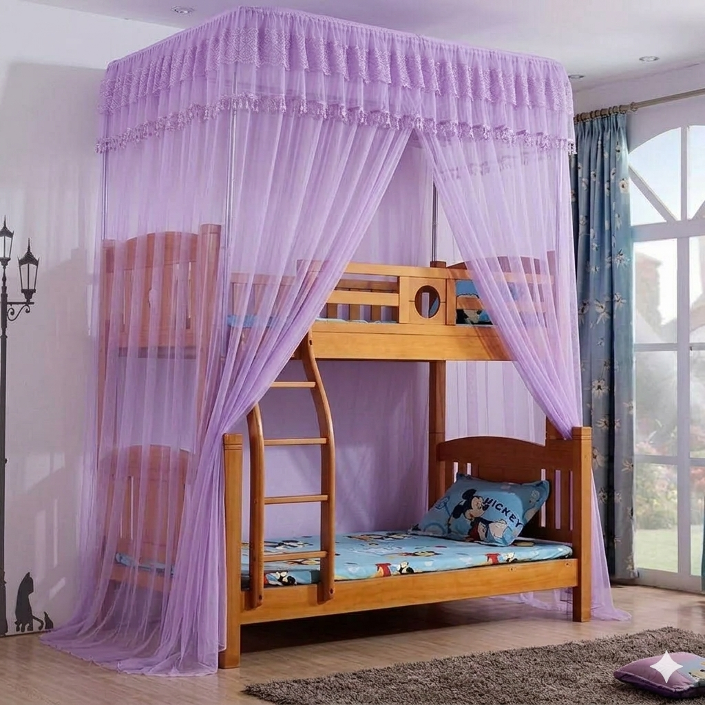 Top Square Double Decker Mosquito Net – Free Size Bed Net | Strong Durable Sleeping Net, White, Cream, Pink & Purple