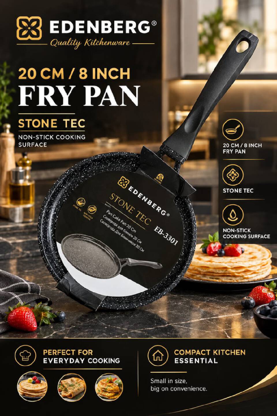Edenberg Black Non-Stick Frying Pan – 20cm, Everyday Cooking Pan, Helps prevent food from sticking and makes cleaning easier.