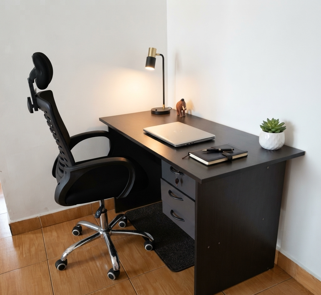Premium Executive Grey Office Desk 1.2m with Ergonomic Chair – Heavy Duty Lockable Drawer, Black Headrest chair, Anti-Scratch MDF, Home Office Workstation