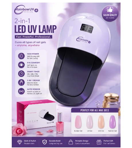 Rainbow UV 2-In-1 LED UV Nail Lamp 48W Professional Nail Dryer Gel Polish Curing Lamp With Smart Sensor LCD Display Fast Drying Machine For Manicure Pedicure Salon Home Use