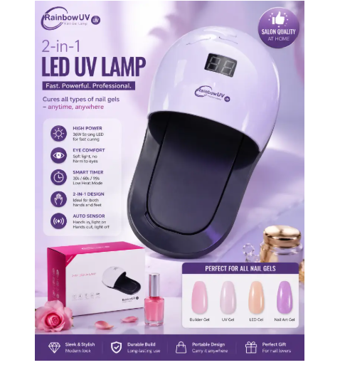 Rainbow UV 2-In-1 LED UV Nail Lamp 48W Professional Nail Dryer Gel Polish Curing Lamp With Smart Sensor LCD Display Fast Drying Machine For Manicure Pedicure Salon Home Use