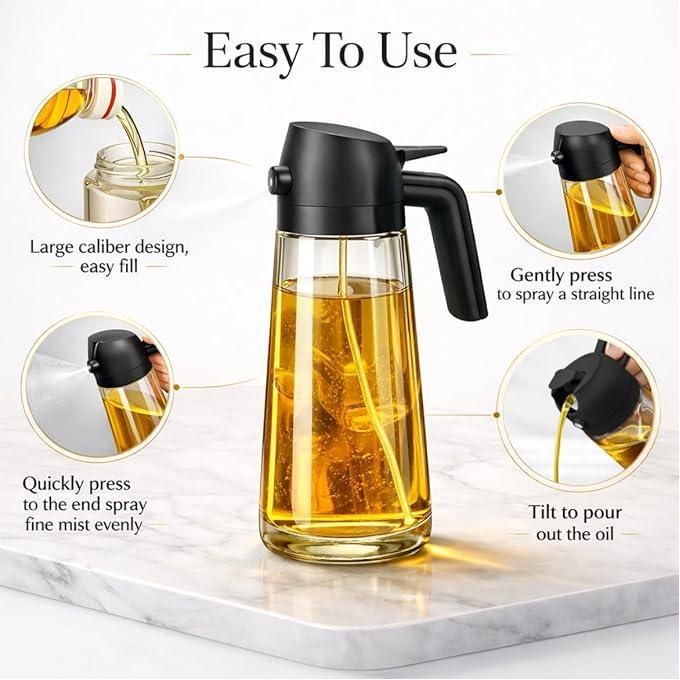 2 in 1 Glass Dispenser Spray & Pour Bottle Dispenser Oil Sprayer Bottle for Cooking with Nozzle for Air Fryer, BBQ, Roasting, Frying, Kitchen & Salad Leak-Proof, Reusable