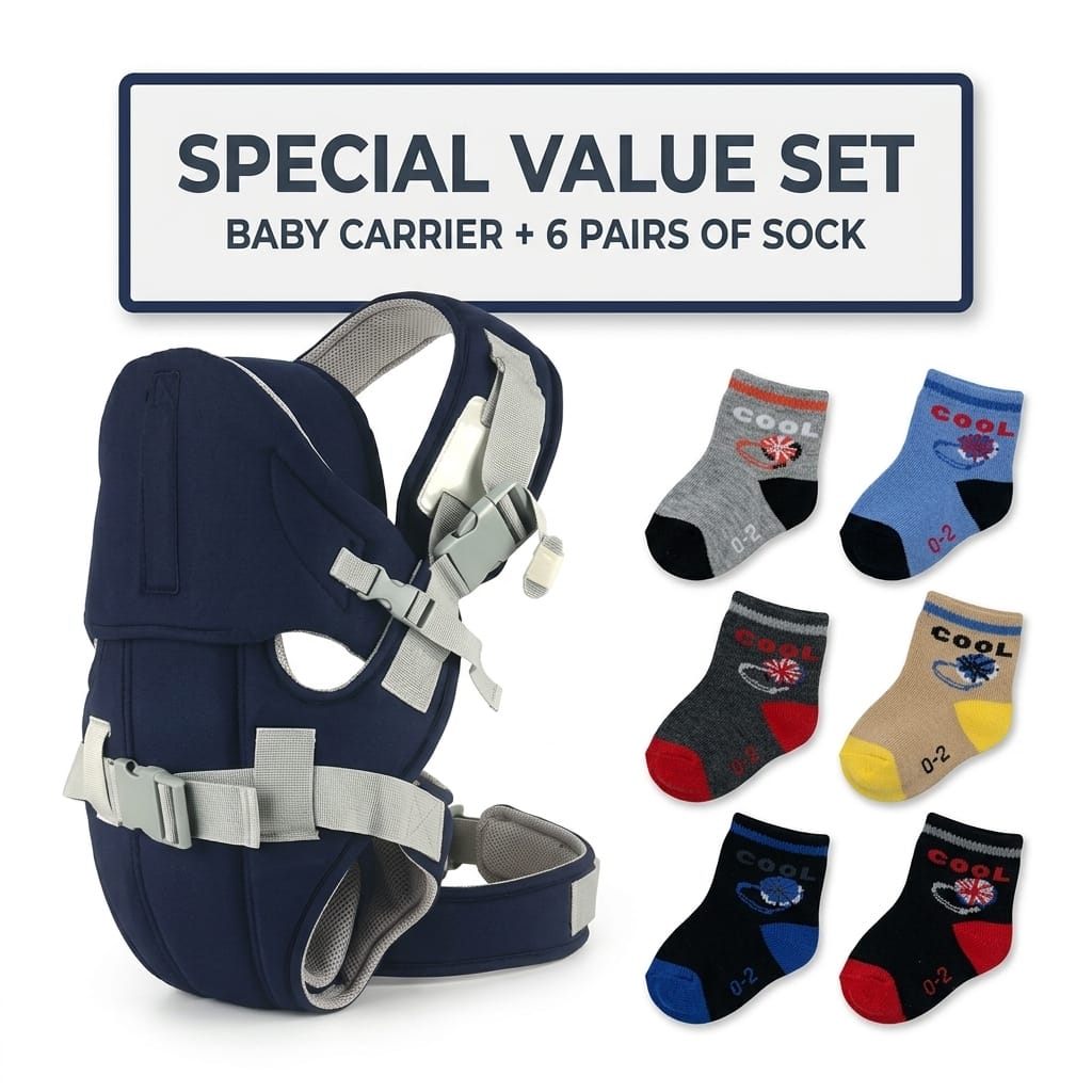 Premium Multi-Position Ergonomic Baby Carrier with Lumbar Support & 6-Pairs Coordinated Breathable Cotton Sock Set – Comfort Bundle for Newborns and Toddlers.