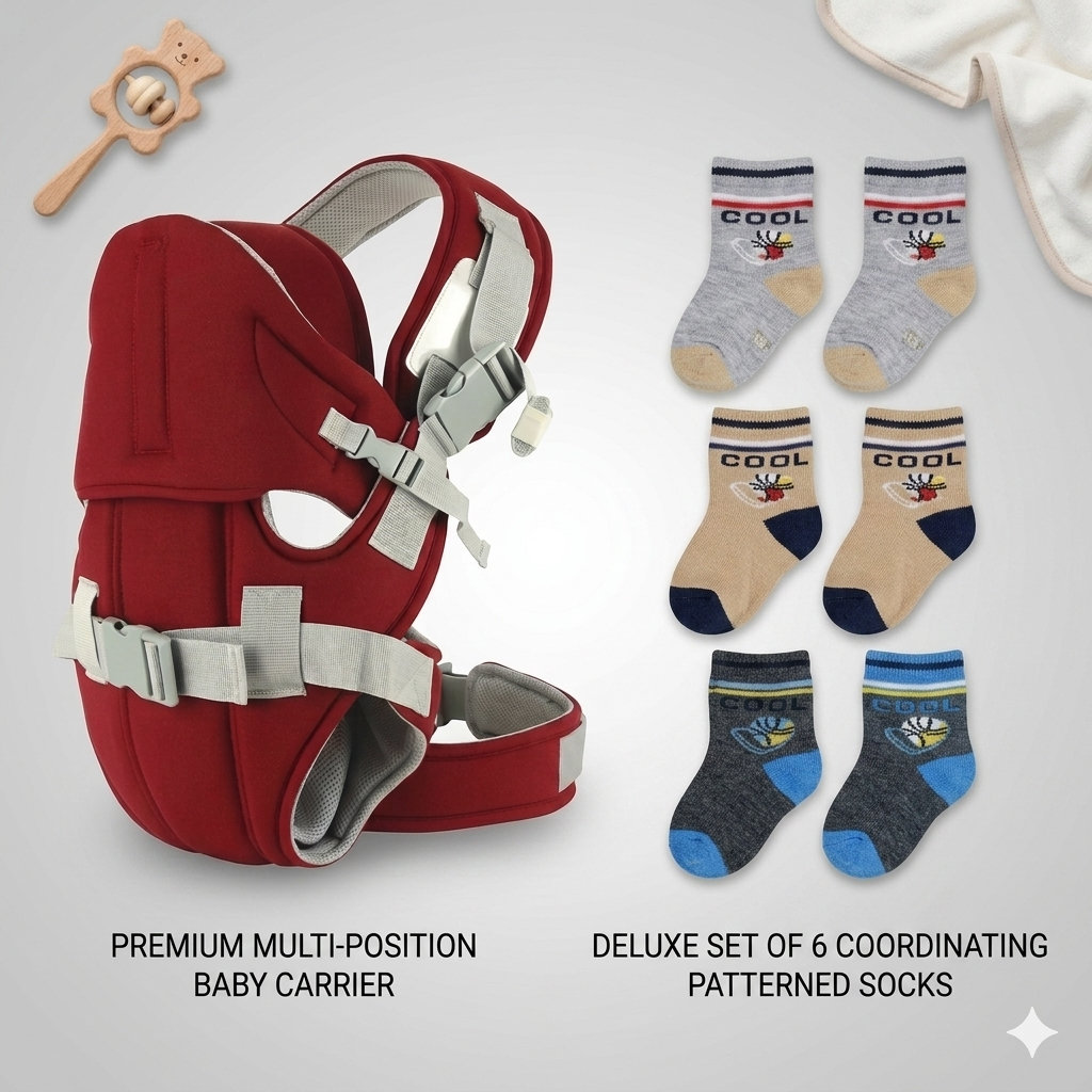 Premium Multi-Position Ergonomic Baby Carrier with Lumbar Support & 6-Pairs Coordinated Breathable Cotton Sock Set – Comfort Bundle for Newborns and Toddlers.