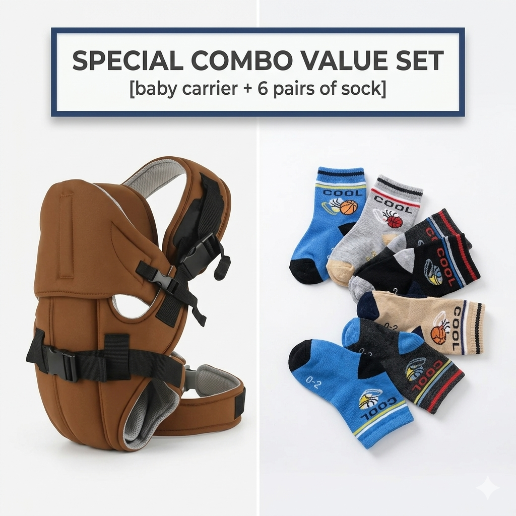 Premium Multi-Position Ergonomic Baby Carrier with Lumbar Support & 6-Pairs Coordinated Breathable Cotton Sock Set – Comfort Bundle for Newborns and Toddlers.