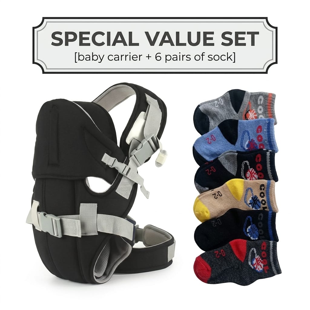 Premium Multi-Position Ergonomic Baby Carrier with Lumbar Support & 6-Pairs Coordinated Breathable Cotton Sock Set – Comfort Bundle for Newborns and Toddlers.