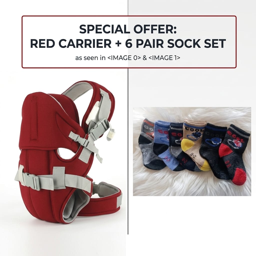 Premium Multi-Position Ergonomic Baby Carrier with Lumbar Support & 6-Pairs Coordinated Breathable Cotton Sock Set – Comfort Bundle for Newborns and Toddlers.