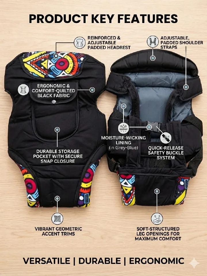 Soft-Structured Ergonomic Baby Carrier – Quilted Fabric with Vibrant Pattern Accent & Quick-Release Safety Buckles