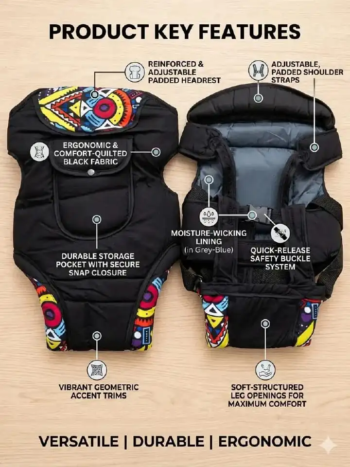 Soft-Structured Ergonomic Baby Carrier – Quilted Fabric with Vibrant Pattern Accent & Quick-Release Safety Buckles