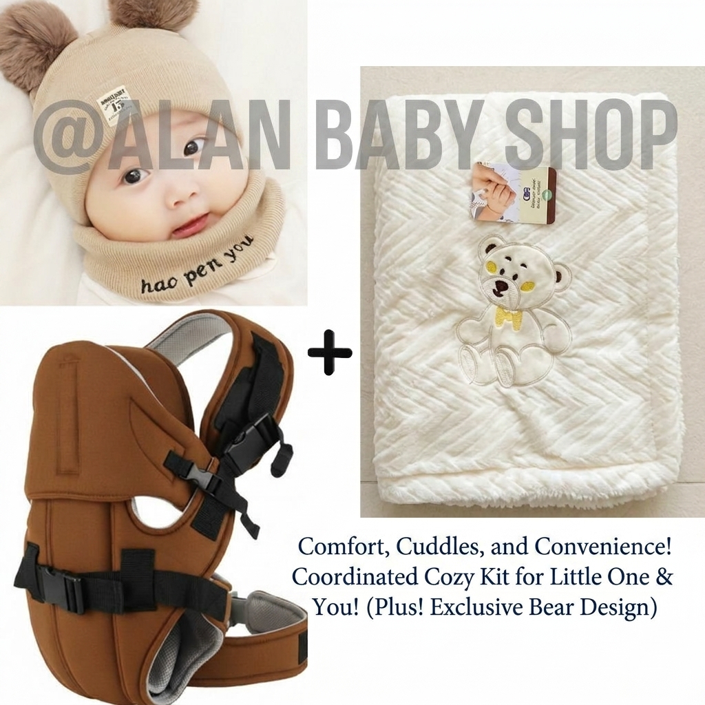 Complete Baby Travel & Cuddle Bundle: Carrier + Hat Set + Soft Baby Shawl Blanket.