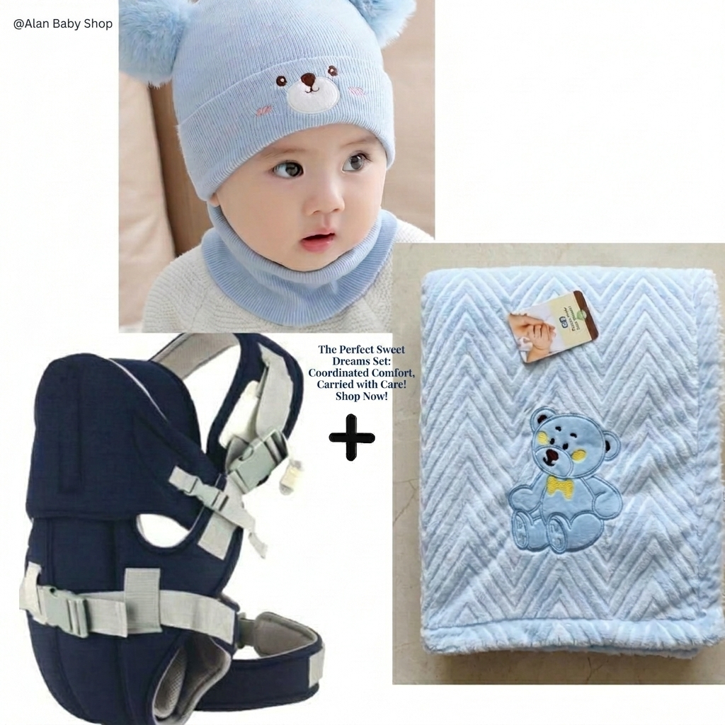 Complete Baby Travel & Cuddle Bundle: Carrier + Hat Set + Soft Baby Shawl Blanket.