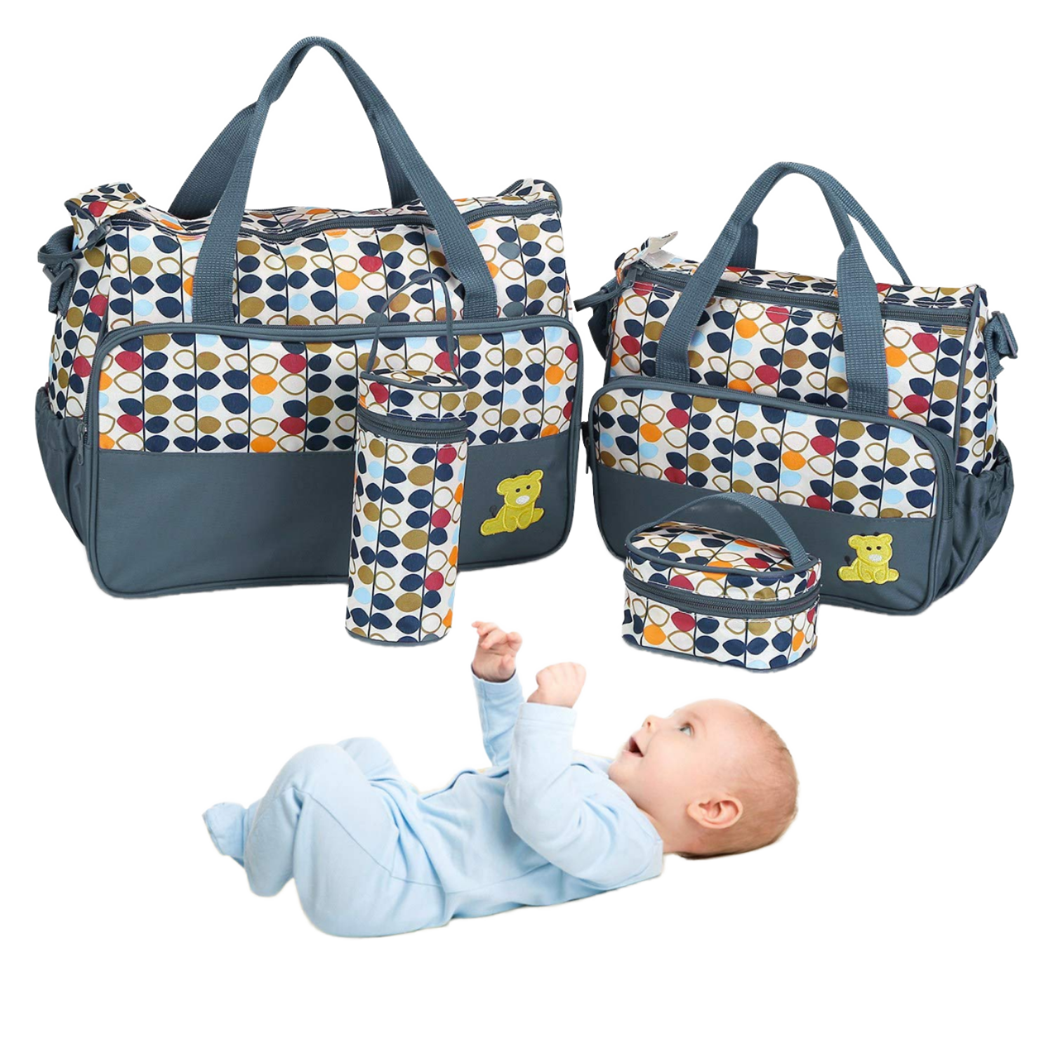 5 in 1 Baby Diaper Bag Set – Large Capacity Organizer with Bottle Holder, Food Bag, Nappy Pad & More | Durable, Stylish & Multi-Functional (Microfiber PVC)