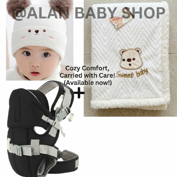 Complete Baby Travel & Cuddle Bundle: Carrier + Hat Set + Soft Baby Shawl Blanket.