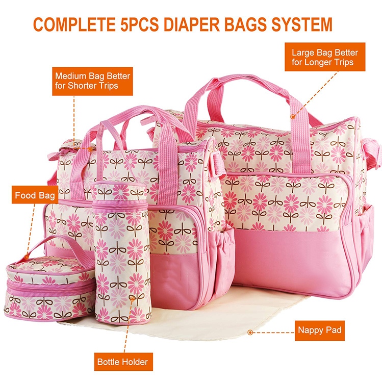 5 in 1 Baby Diaper Bag Set – Large Capacity Organizer with Bottle Holder, Food Bag, Nappy Pad & More | Durable, Stylish & Multi-Functional (Microfiber PVC)