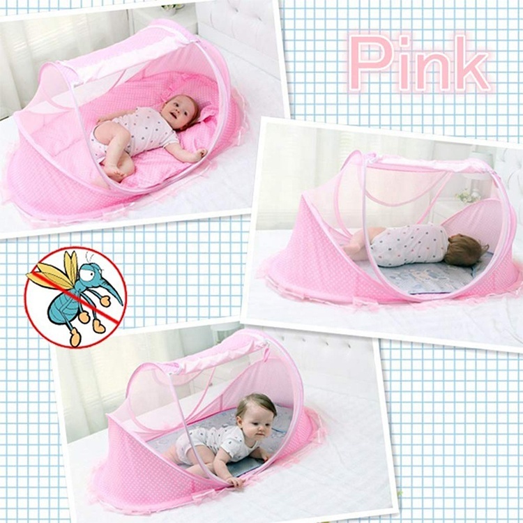 Baby zip closer mosquito net with mattress and pillow – 3-piece folding baby bedding set, portable U-shaped design with double zipper heads, includes soft mattress and pillow