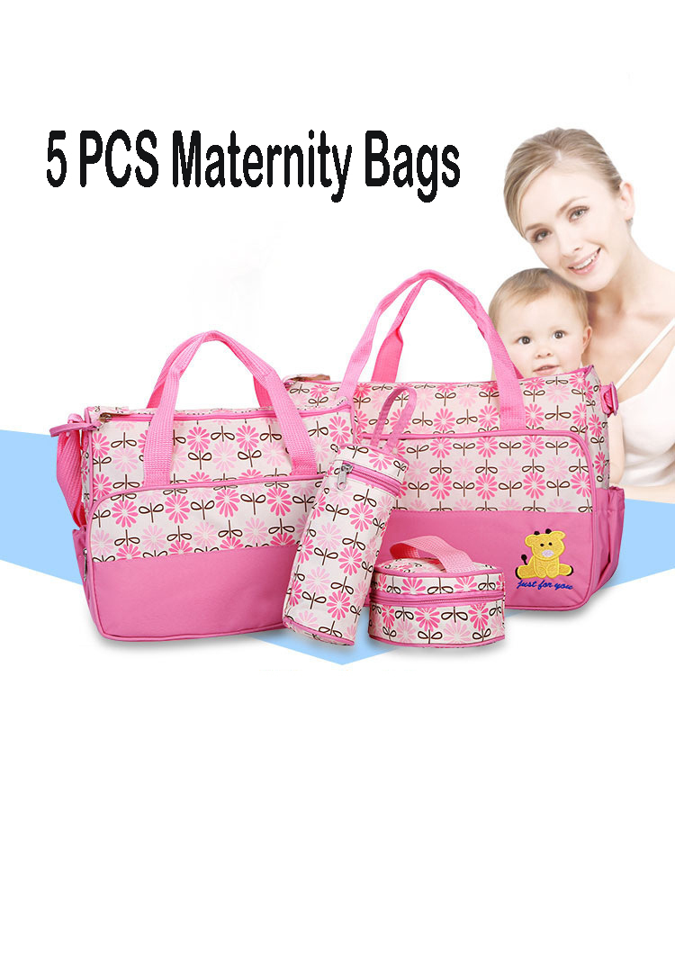 5 in 1 Baby Diaper Bag Set – Large Capacity Organizer with Bottle Holder, Food Bag, Nappy Pad & More | Durable, Stylish & Multi-Functional (Microfiber PVC)