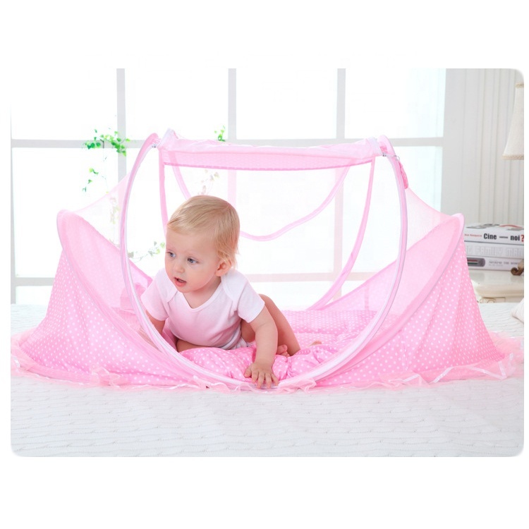 Baby zip closer mosquito net with mattress and pillow – 3-piece folding baby bedding set, portable U-shaped design with double zipper heads, includes soft mattress and pillow
