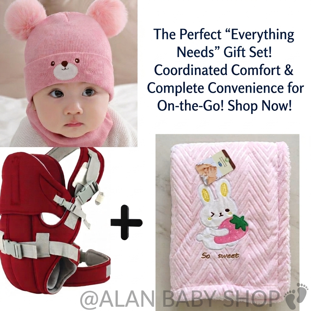 Complete Baby Travel & Cuddle Bundle: Carrier + Hat Set + Soft Baby Shawl Blanket.
