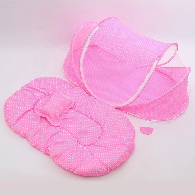Baby zip closer mosquito net with mattress and pillow – 3-piece folding baby bedding set, portable U-shaped design with double zipper heads, includes soft mattress and pillow