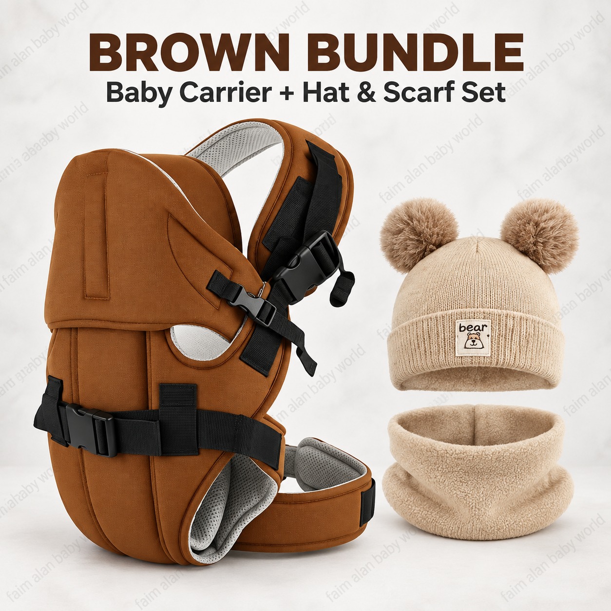 3-in-1 Baby Carrier Bundle with Warm Pom-Pom Hat and Scarf Set – Adjustable Front Carrier for Infants and Toddlers