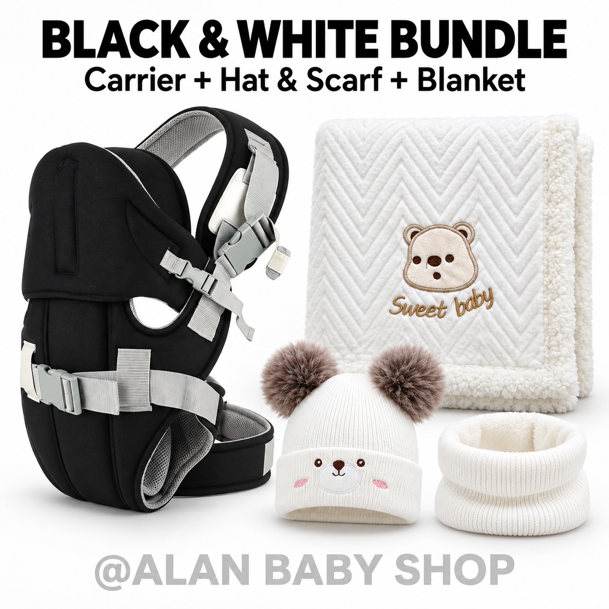 Baby Carrier Bundle with Matching Pom-Pom Hat & Scarf Set and Soft Fleece Baby Blanket – Cozy Infant Travel Set
