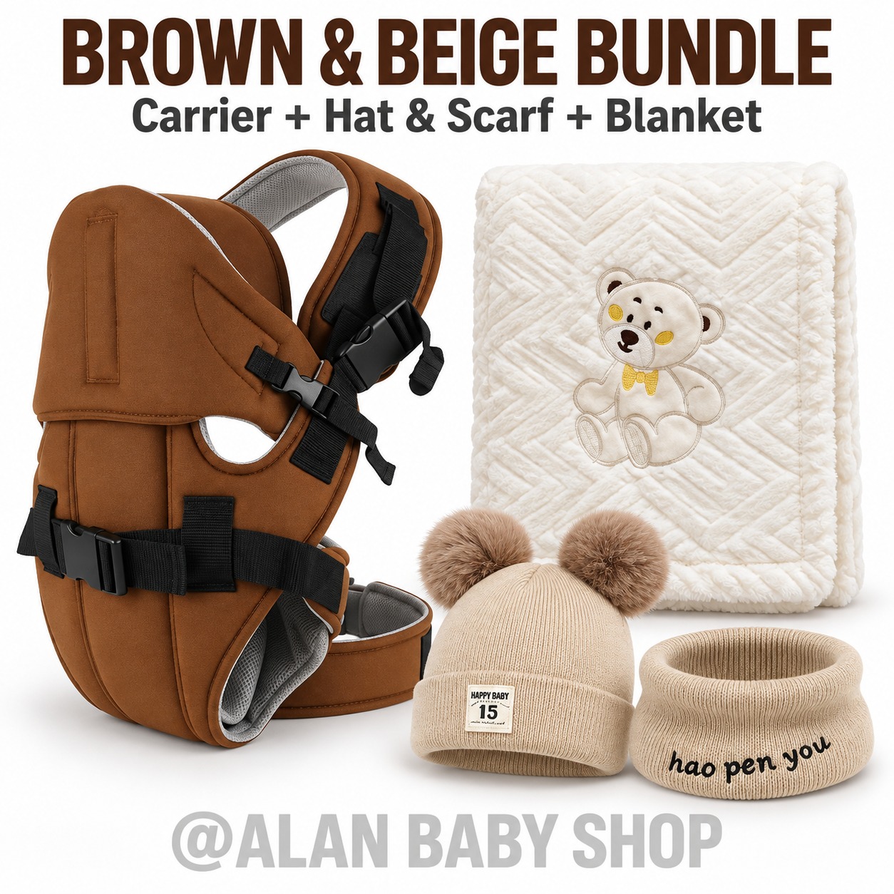 Baby Carrier Bundle with Matching Pom-Pom Hat & Scarf Set and Soft Fleece Baby Blanket – Cozy Infant Travel Set
